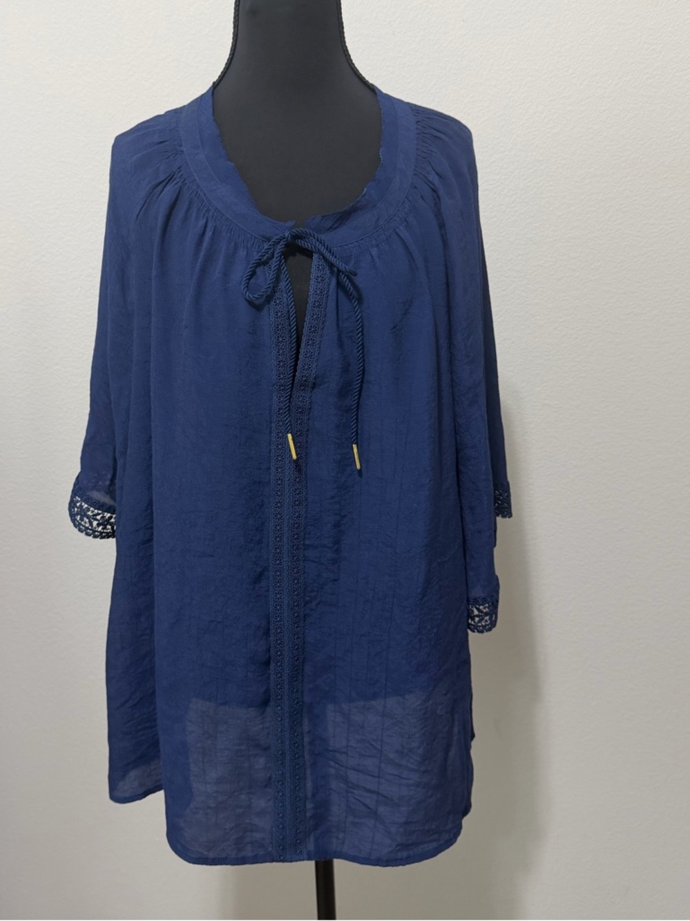 Counterparts Navy Tie-Front Tunic with Lace Trim. SU26
